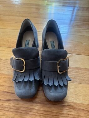 Prada Gray Suede Kiltie Heels with Gold Buckle